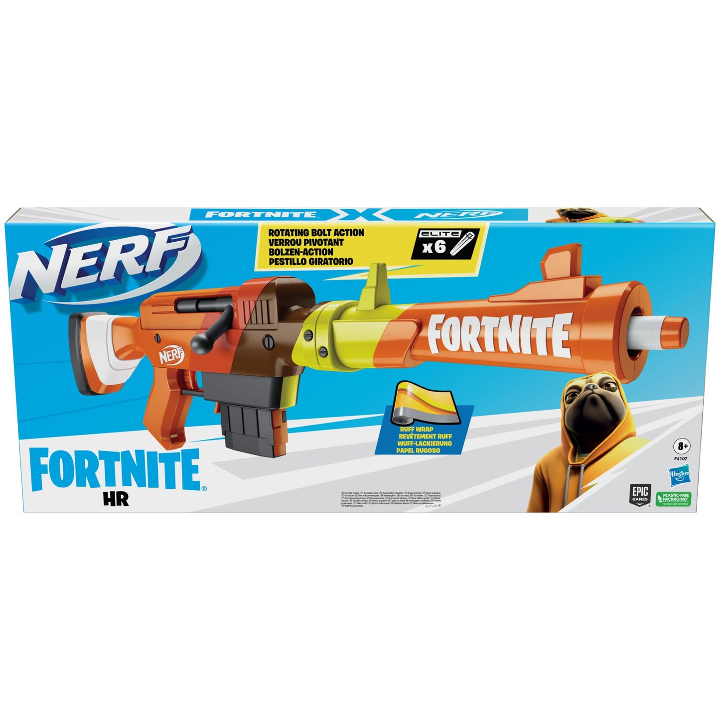 Nerf Fortnite HR Dart Blaster, Ruff Wrap Design, 6-Dart Elite Clip, 6 Nerf Elite Darts, Rotating Bolt Action, Detachable Barrel