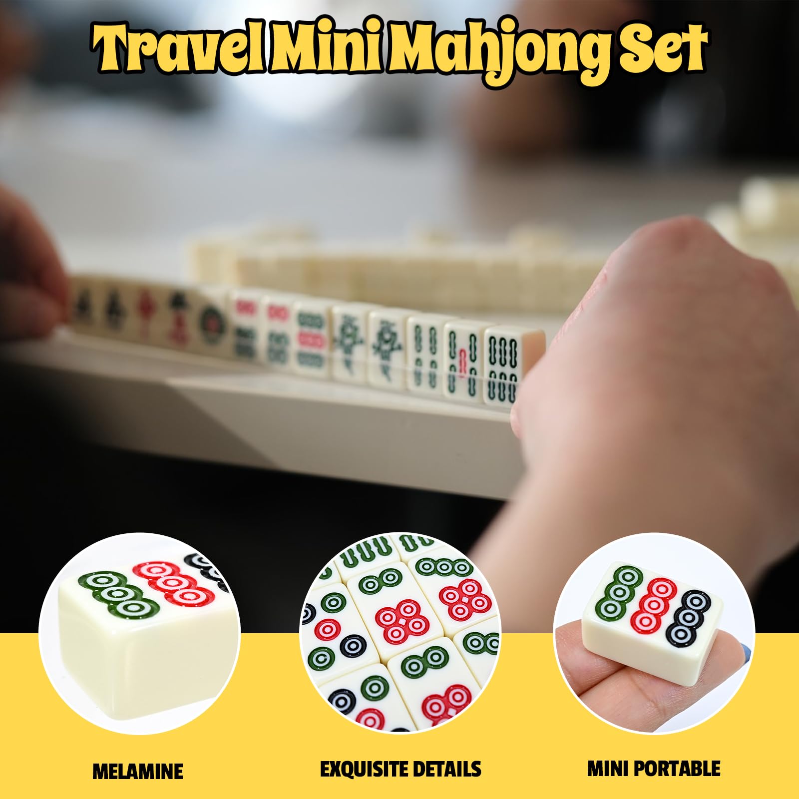 Xelbreelark Portable Mini Mahjong Set with Storage Case,144 Chinese Tiles,2 Game Dice and 4-in-1 Rack for Travel,no Joker Tiles,Camping,Family
