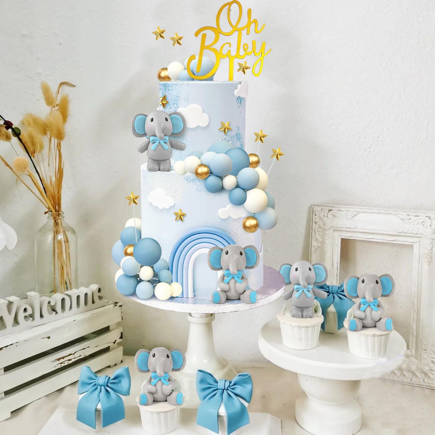43 PCS Blue Elephant Cake Decoration Cute Baby Elephant Cake Decorations Cake Topper Star Cake Topper Blue Pearl Balls Cake Picks for Baby Shower Boy