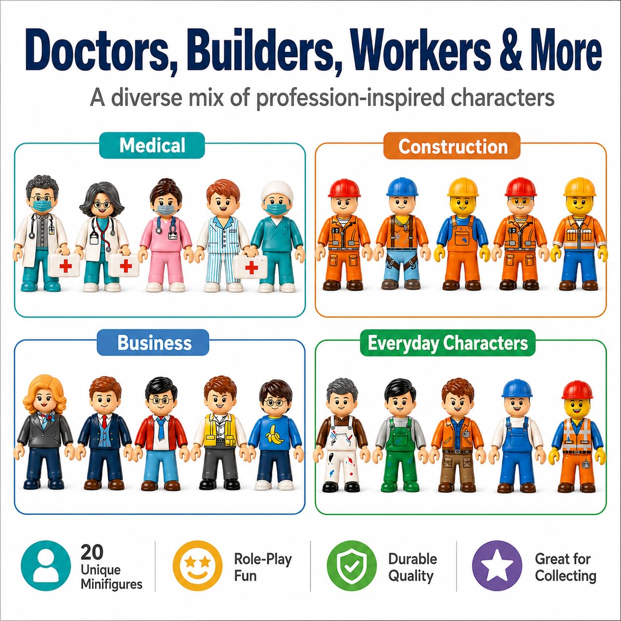 Whimzory 20 PCS City Mini Figures, Compatible with Major Building Bricks - Doctor, Nurse, Engineer, Police, Construction Worker. Bulk Action Figure