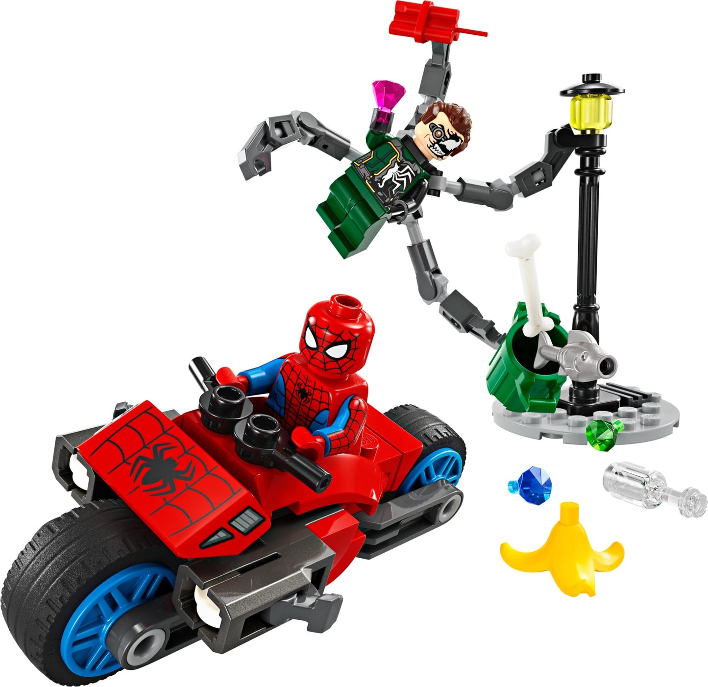 LEGO Marvel Motorcycle Chase: Spider-Man vs. Doc Ock, Buildable Toy for Kids with Stud Shooters and Web Blasters, 2 Marvel Minifigures, Super Hero