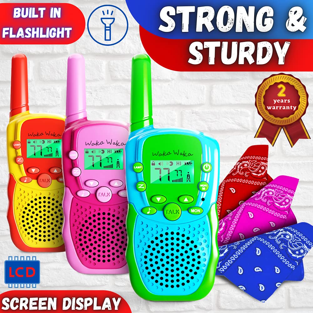 Waka Waka Walkie Talkies for Kids (3 Pack, Yellow, Red, Green) - Long Range Two-Way Walkie Talkie Set with Bandanas and Whistles Included - Great for