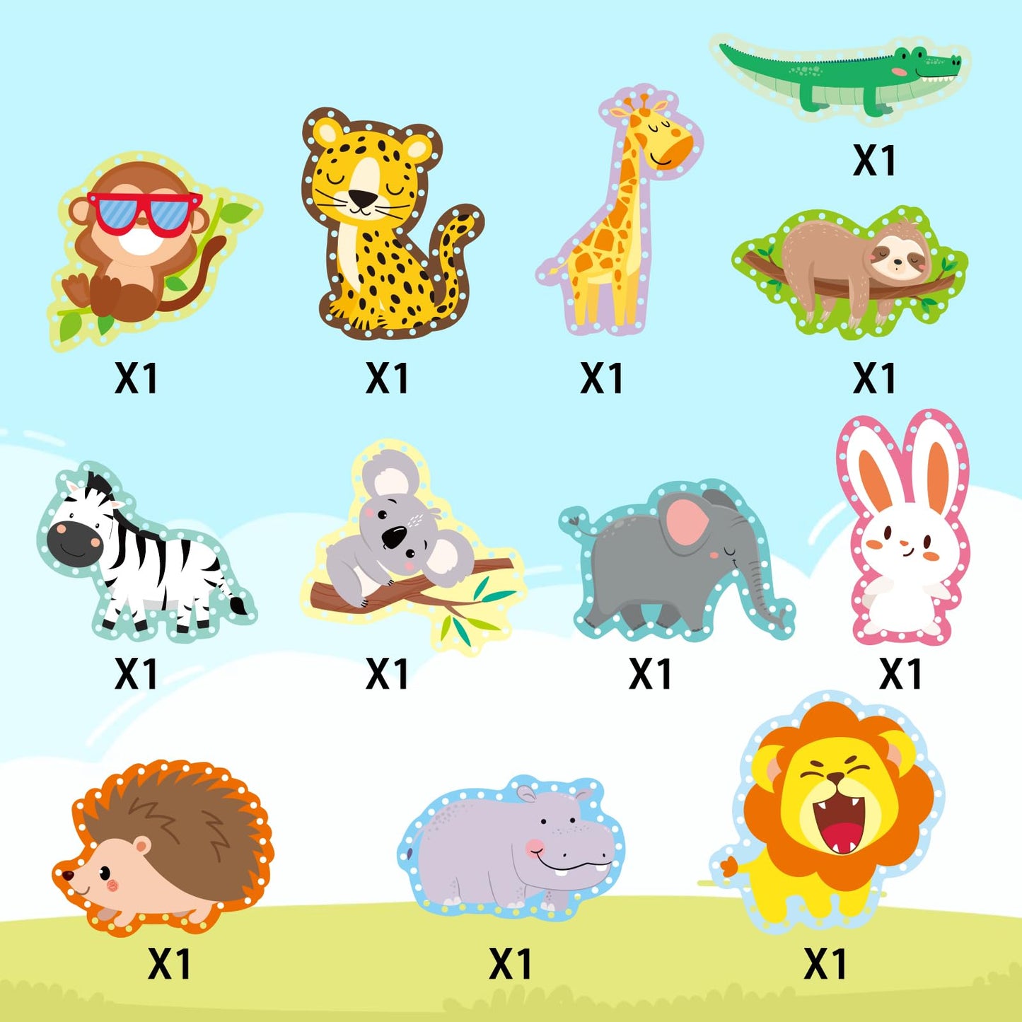 Omlisca Jungle Animal Lacing Cards for Kids 12 Packs Double Sided Sewing Kits Lion Wild Animal Sewing Cards Educational & Learning Activities Fine