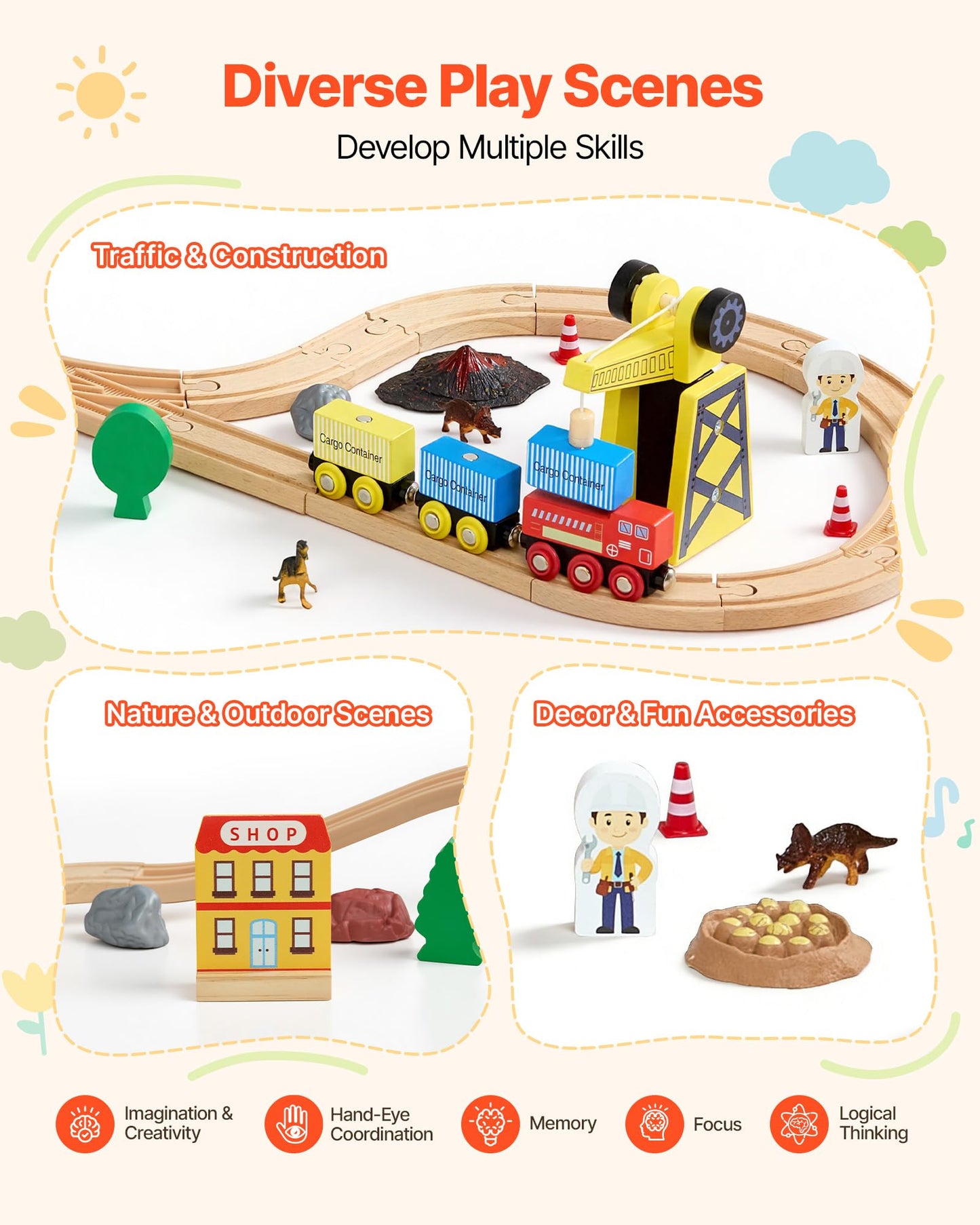 VEVOR 70PCS Wooden Train Set, with Magnetic Crane, Wood Train Track Toy for Kids Ages 3-8, Construction Crane Railway Set, Compatible with Major