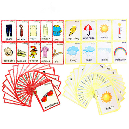 Set of Clothing and Weather Flash Cards for Toddlers | Kids Learning Flashcard & Montessori Pocket Cards Toys | Perfect for Pre-K Decor Background