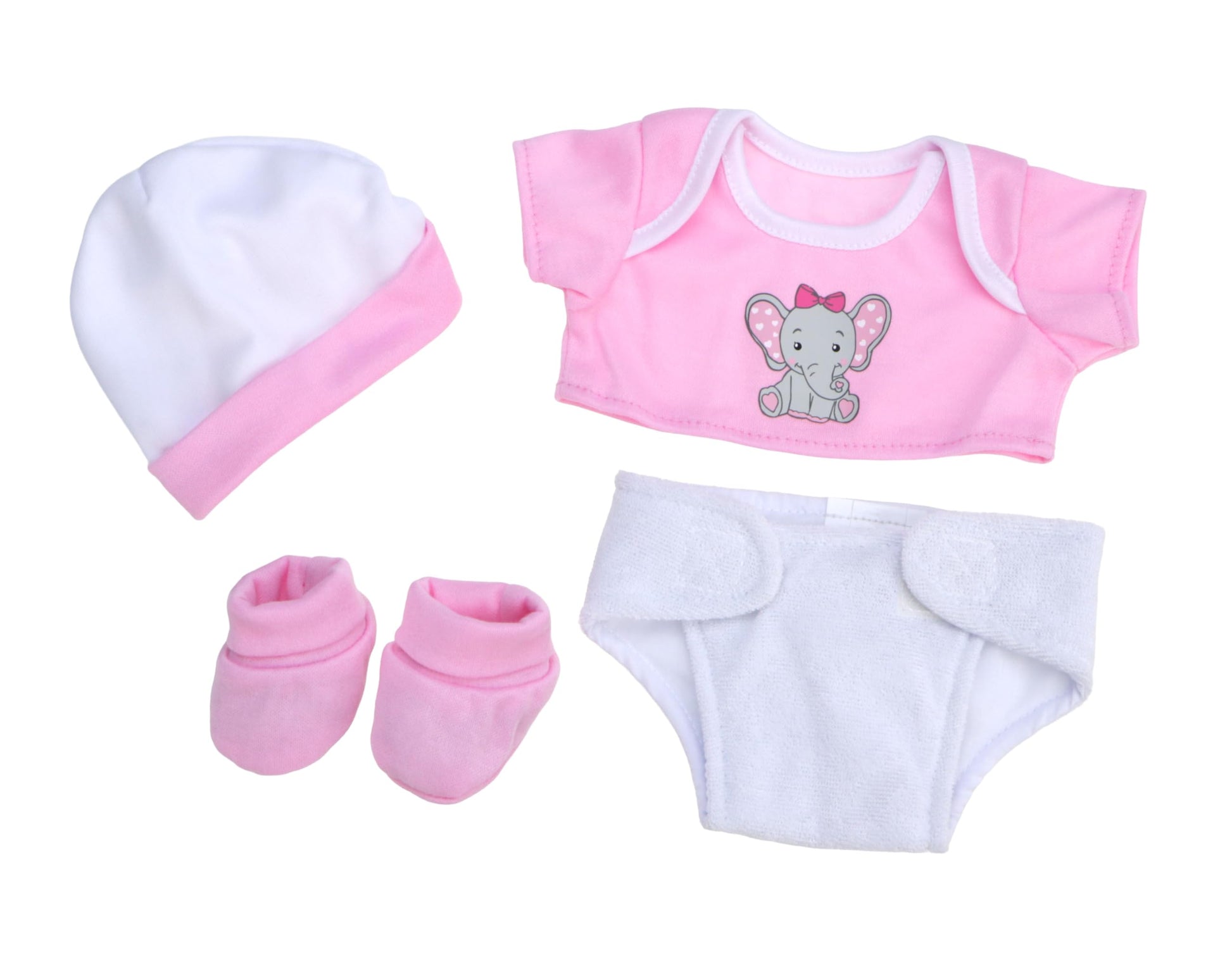 JC Toys Baby Girl 4-Piece Layette Set with Elephant Design, Pink and White, Includes T-Shirt, Cap, Booties and Diaper Made for Dolls 12"-14" Long