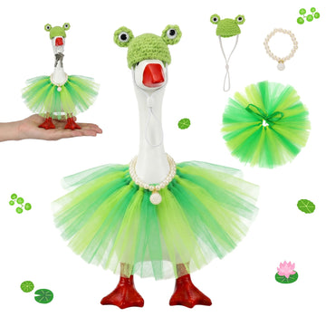 Mini Desk Goose Outfits Desktop Geese Clothes with Frog Shape Knitting Hat 7 Inch Goose Summer Green Tutu Dress Desk Goose Accessories Customs