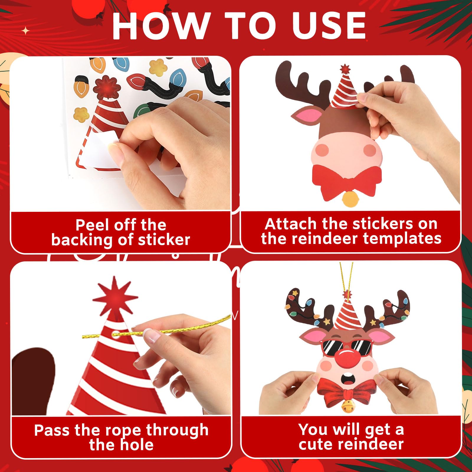 60 Pcs Christmas Reindeer Crafts for Kids Make Your Own Christmas Tree Ornaments Decoration Xmas Arts Making Craft with Stickers DIY Paper Holiday
