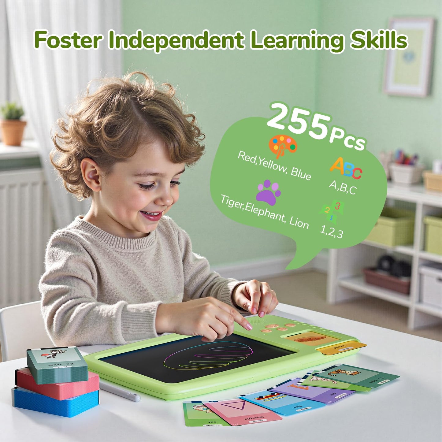 ZONSTVYS Talking Flash Cards for Toddlers: 2-in-1 LCD Writing Tablet, Green