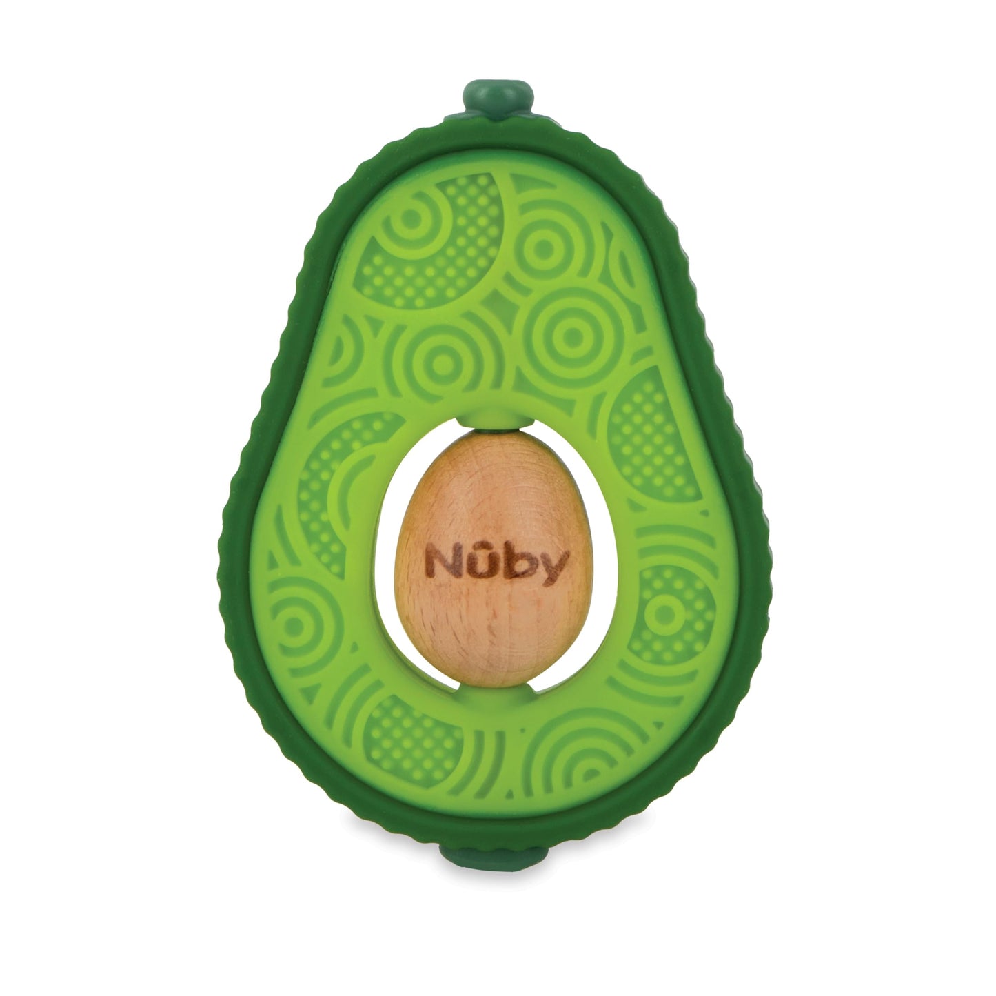Nuby 100% Silicone and Wood Baby Teether - Avocado-Shaped Teething Toy - Soft Textured Gum Massager - Easy-Grip Infant Teether Toy - 3+ Months