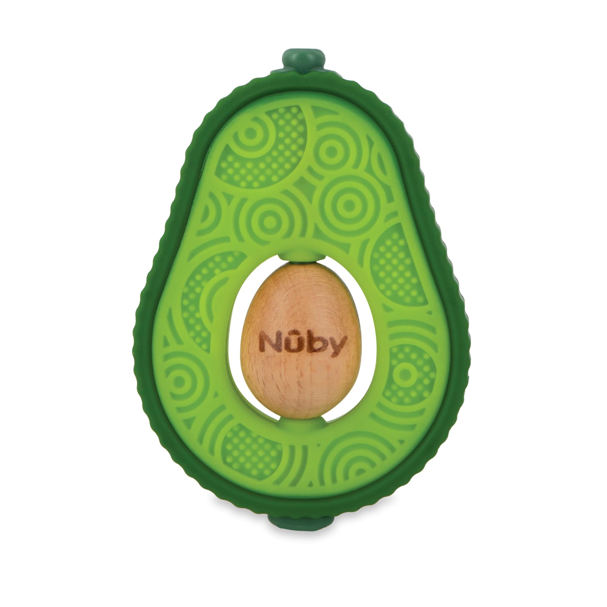 Nuby 100% Silicone and Wood Baby Teether - Avocado-Shaped Teething Toy - Soft Textured Gum Massager - Easy-Grip Infant Teether Toy - 3+ Months
