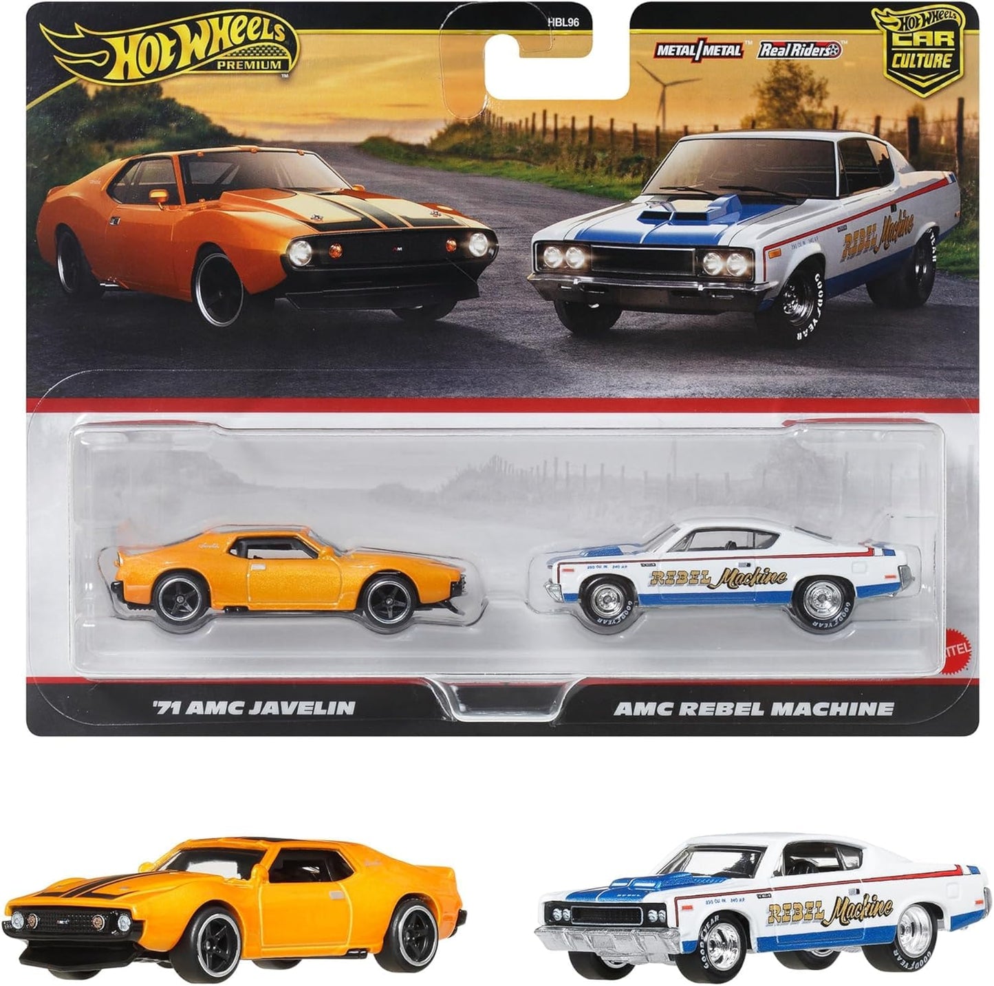Hot Wheels Premium 2 Pack - '71 AMC Javelin/AMC Level Machine Vehicle Toy Minicar 3 Years Old and Multi JBL06