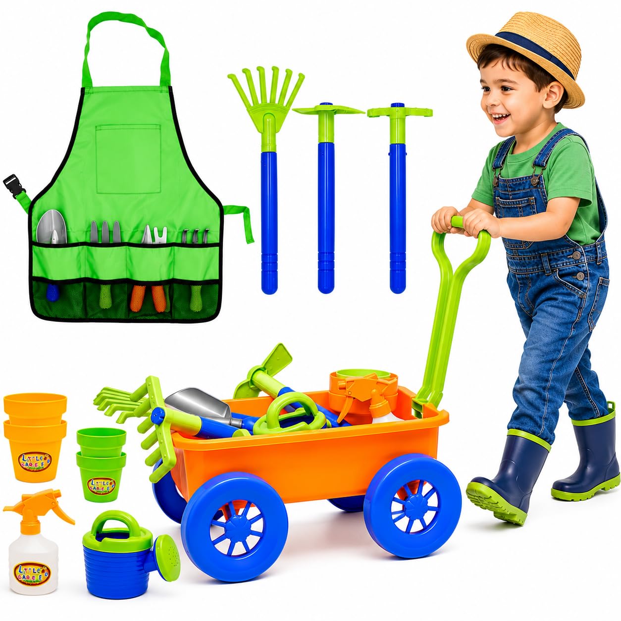 4E's Novelty 15 Piece Gardening Tools & Wagon Toy Set with Plastic Wheelbarrow, Apron, STEM Pretend Play Outdoor Toy for Toddlers Kids Boys Girls