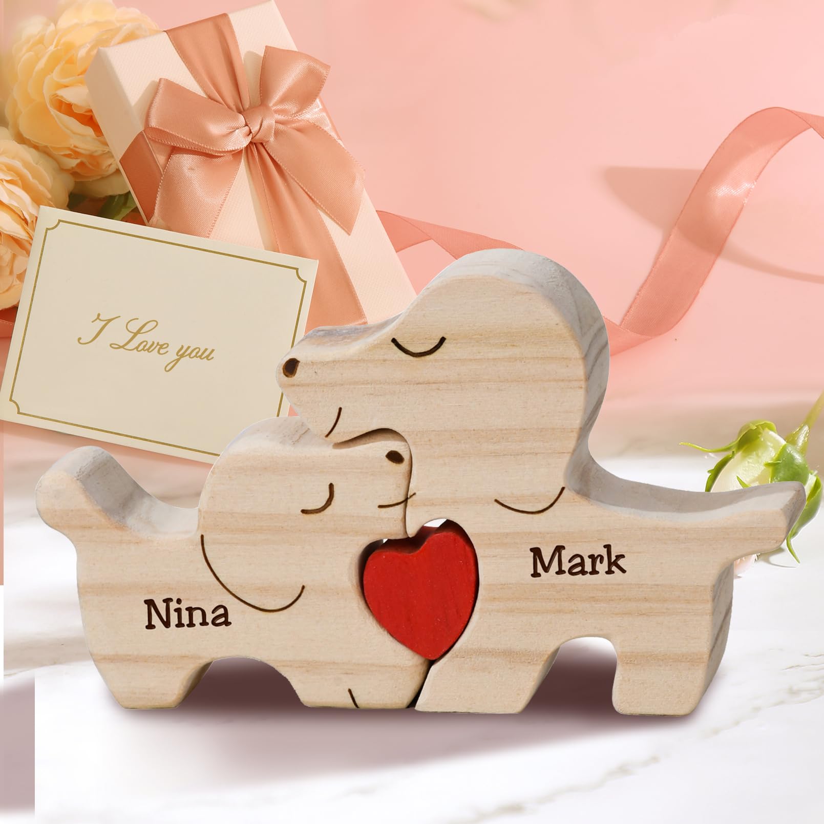 Personalized Wooden Puzzle with 2 Names,Wooden Elephant Puzzle,Customizable Wooden Puzzle for Home Decor and Thoughtful Gifts,Valentine's Day Gift