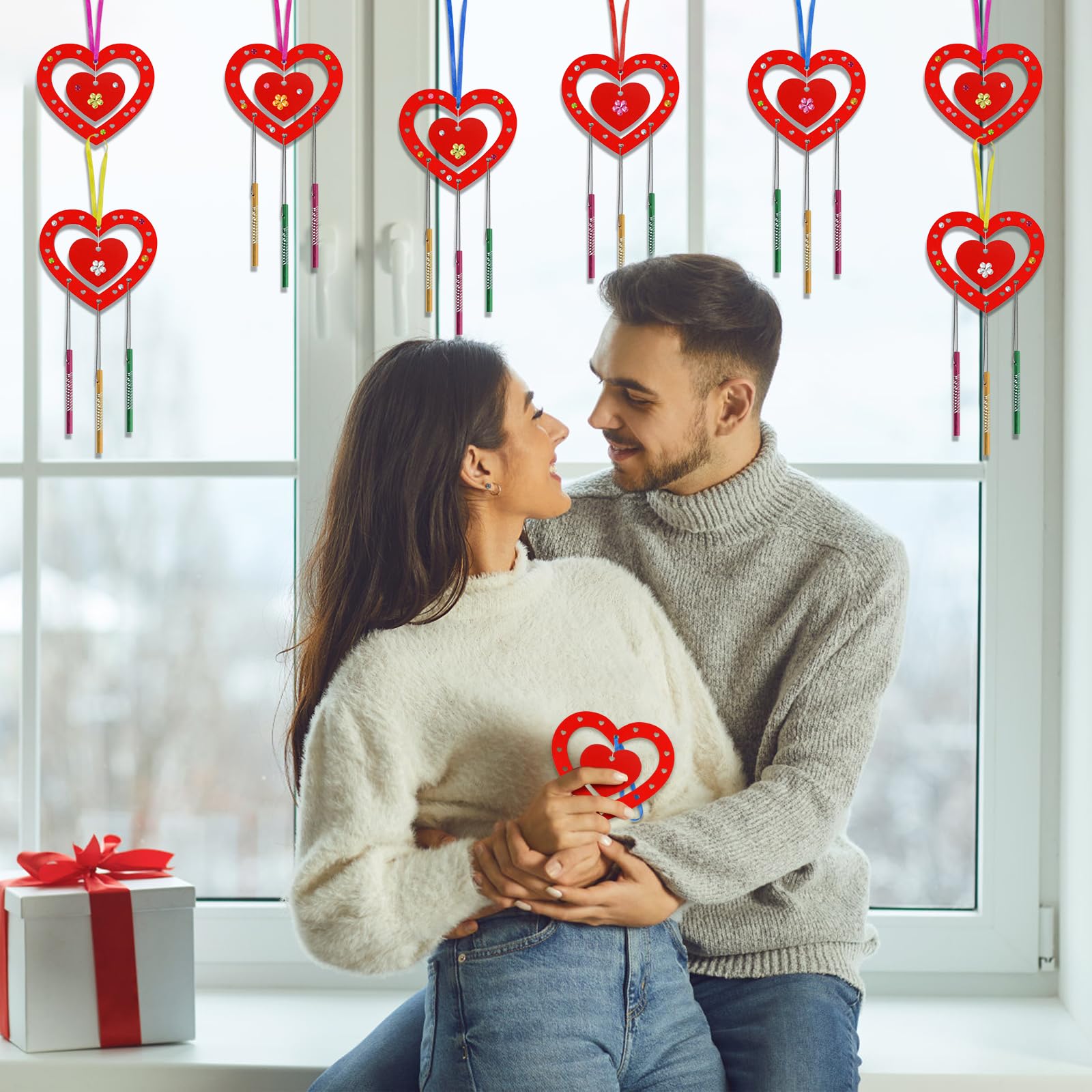 HONMOK 9 Pack for Him Her, DIY Red Love Heart Wooden Wind Chimes, Couples Art & Craft Kit for Boyfriend Girlfriend Wife Husband Valentine's Day