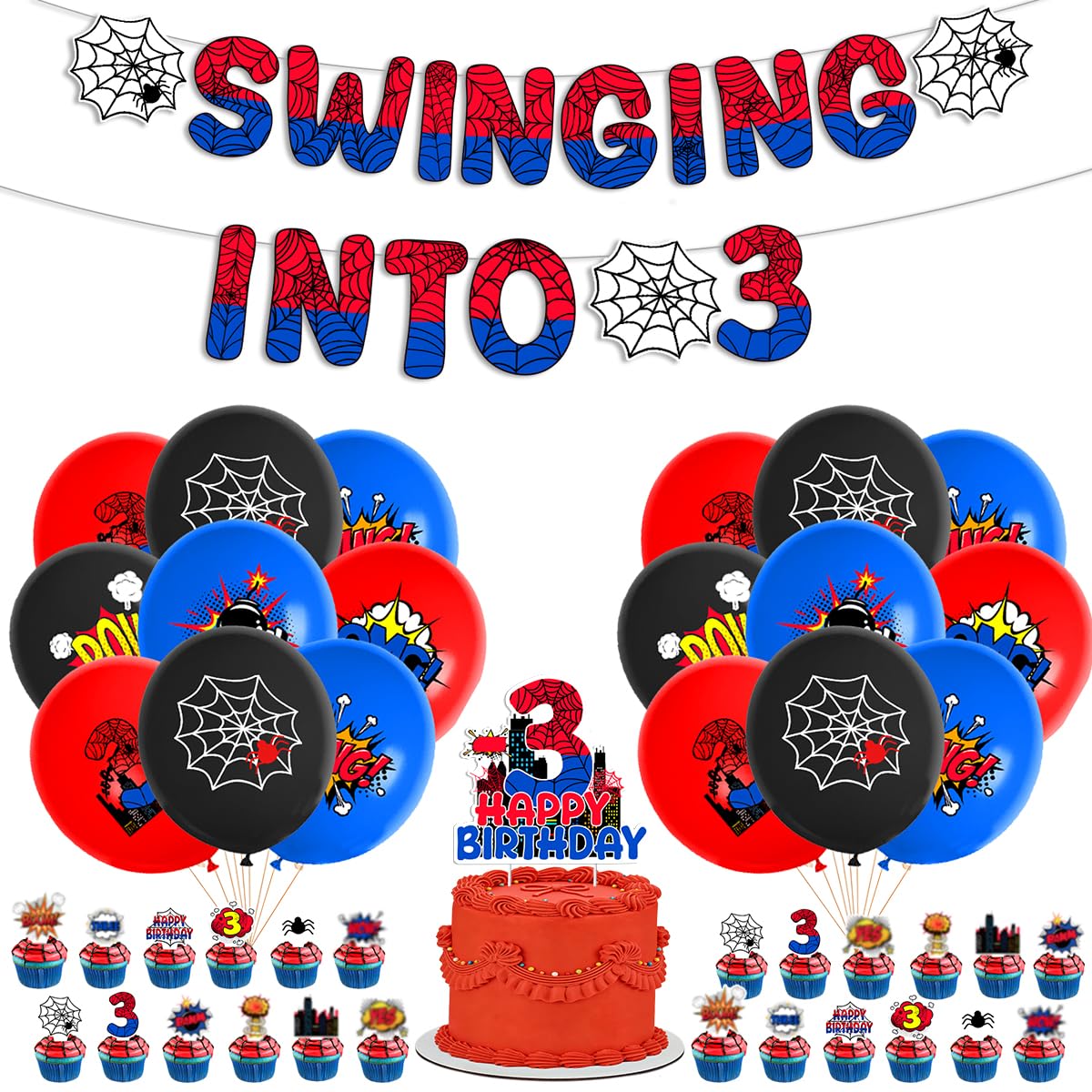 Spider Boy 3rd Birthday Party Supplies, Spider Theme 3rd Birthday Decorations Including Banner Balloons Cake Toppers