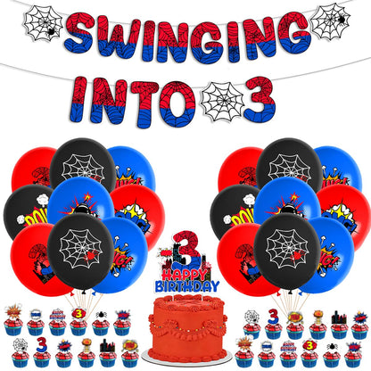 Spider Boy 3rd Birthday Party Supplies, Spider Theme 3rd Birthday Decorations Including Banner Balloons Cake Toppers