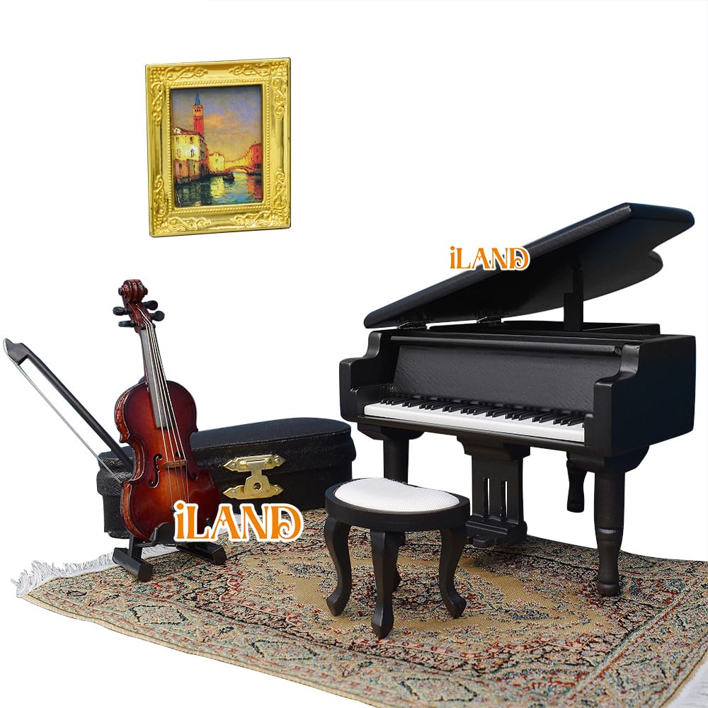 iLAND Piano Music Box & Miniature Violin w/Giftbox, 1/12 Scale Accessories of Dollhouse Piano Room with Timeless Melody The Castle in The Sky