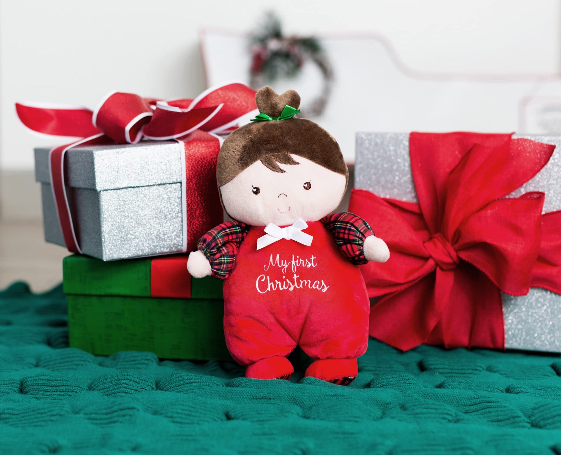Plush Baby Doll with My First Christmas Embroidery, Julie (Red, 9 inch)