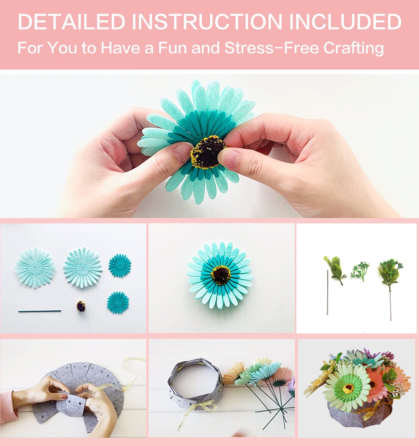 BAZIMA DIY Felt Flower Art Craft Kit, DIY Felt Sunflower and Chrysanthemum Bouquet Kit, 7pcs Felt Flowers,Floral Gifts,Beginner Craft Kit,Arrange