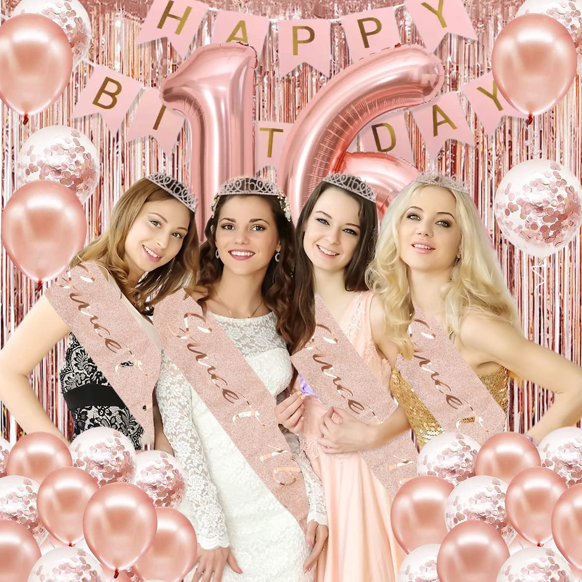 Sweet 16 Party Decorations for Girls, Happy 16th Birthday Banner Cake Topper Balloons Sash and Tiara, Rose Gold 16 Birthday Party Supplies for Girls
