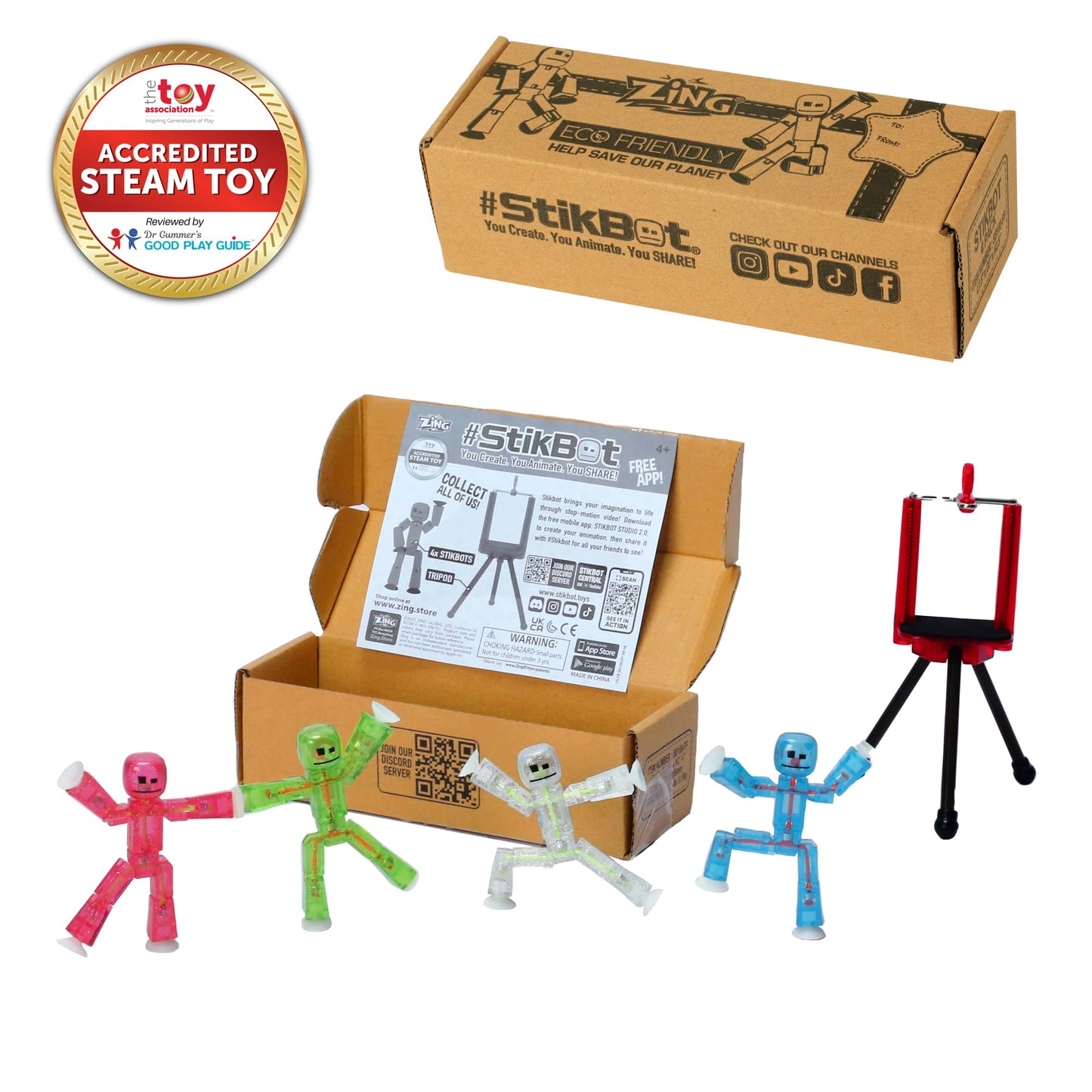 Zing Stikbots, Set of 4 Clear Stikbot Poseable Action Figures and Mobile Phone Tripod, Stop Motion Animation Toys, Great for Kids Ages 4 and Up