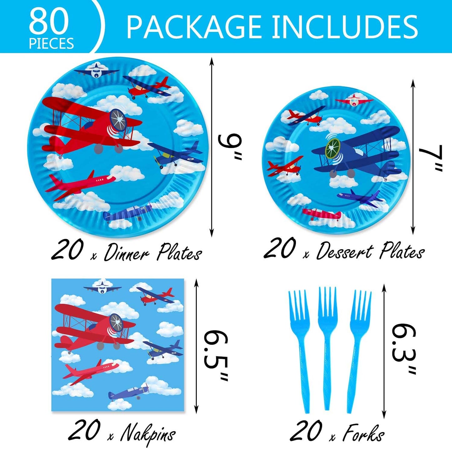 80 Pcs Airplane Party Supplies Airplane Aircraft Paper Plates Napkins Forks Dinnerware for Aviation Theme Boys Baby Shower 1st 2nd 3rd 4th Bday Party