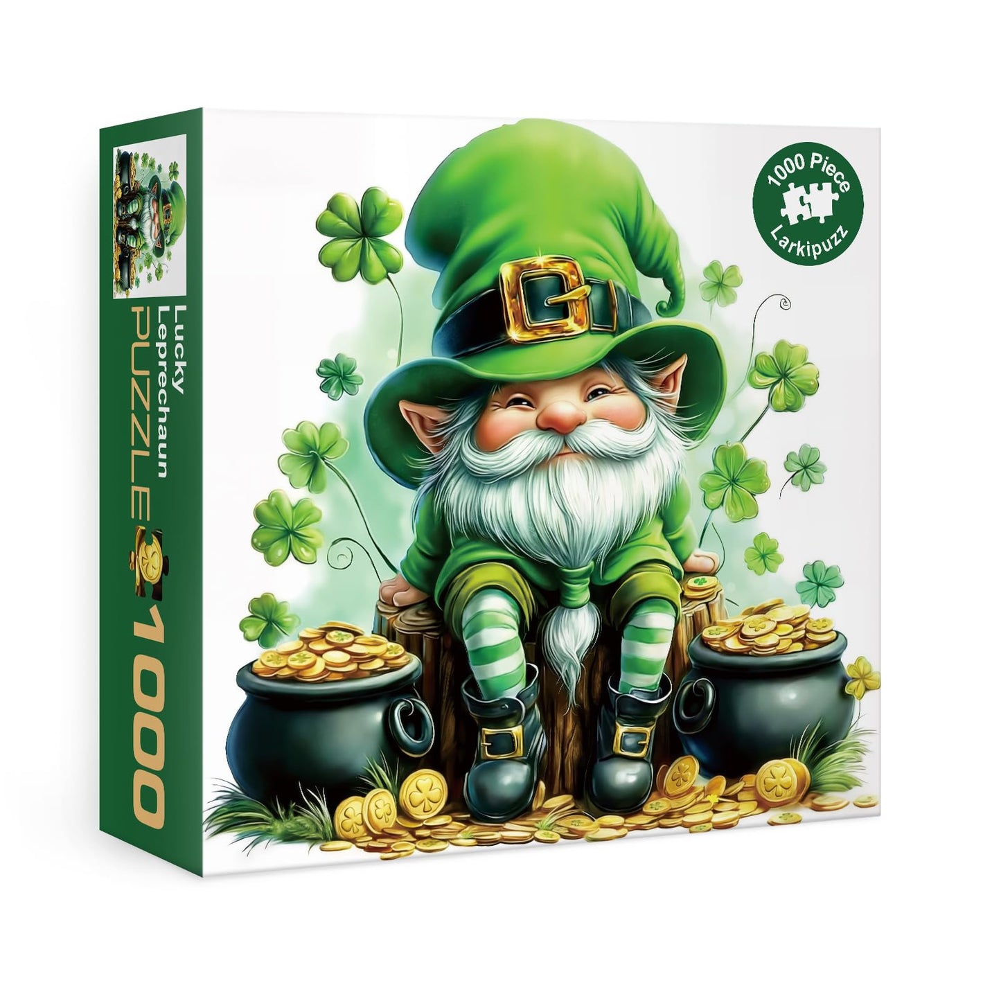 Larkipuzz Green Cute Gnome Puzzles for Adults 1000 Pieces, Art Holiday Plant Coin Jigsaw Puzzles, Beautiful Difficult Dwarf Puzzle