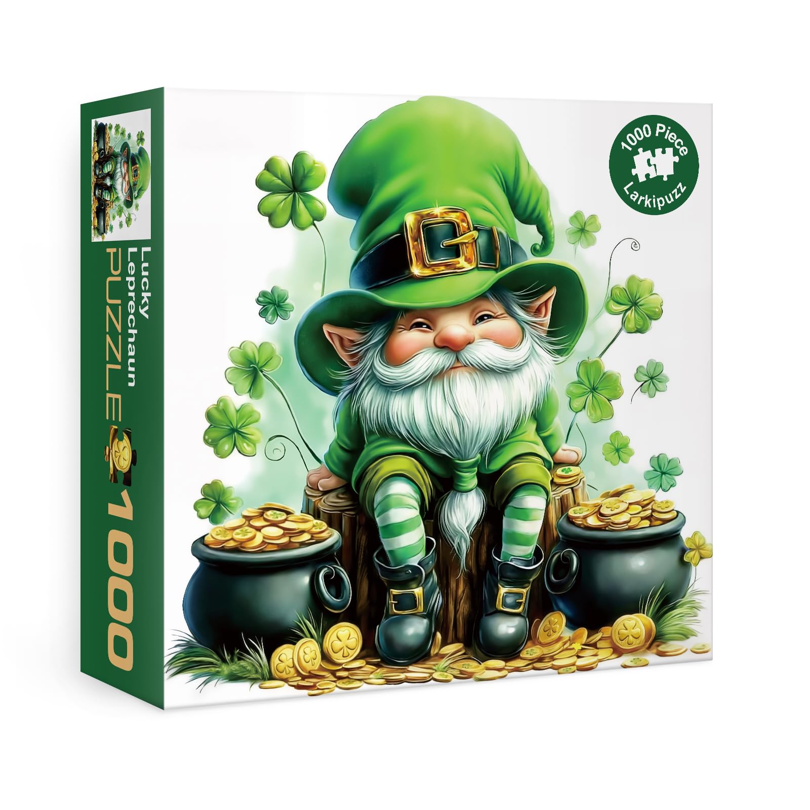 Larkipuzz Green Cute Gnome Puzzles for Adults 1000 Pieces, Art Holiday Plant Coin Jigsaw Puzzles, Beautiful Difficult Dwarf Puzzle