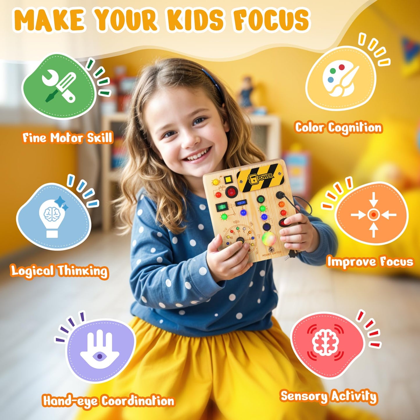 OAKJAR Busy Board with Led Light, Montessori Toys for 1-3 Years Old Boys Girls Wooden Toddler Toys Birthday Gift Educational Toys for 1+ Year Old