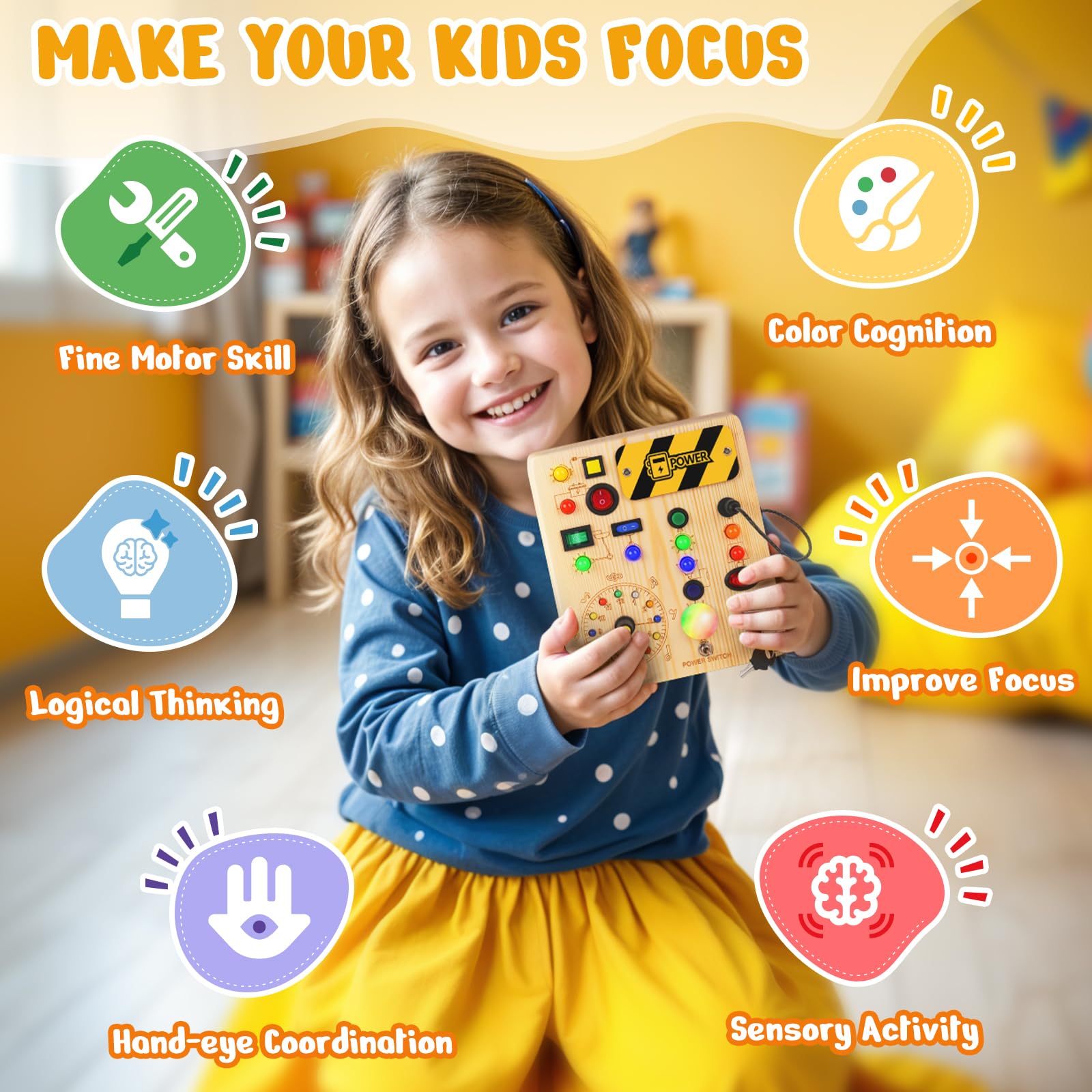 OAKJAR Busy Board with Led Light, Montessori Toys for 1-3 Years Old Boys Girls Wooden Toddler Toys Birthday Gift Educational Toys for 1+ Year Old