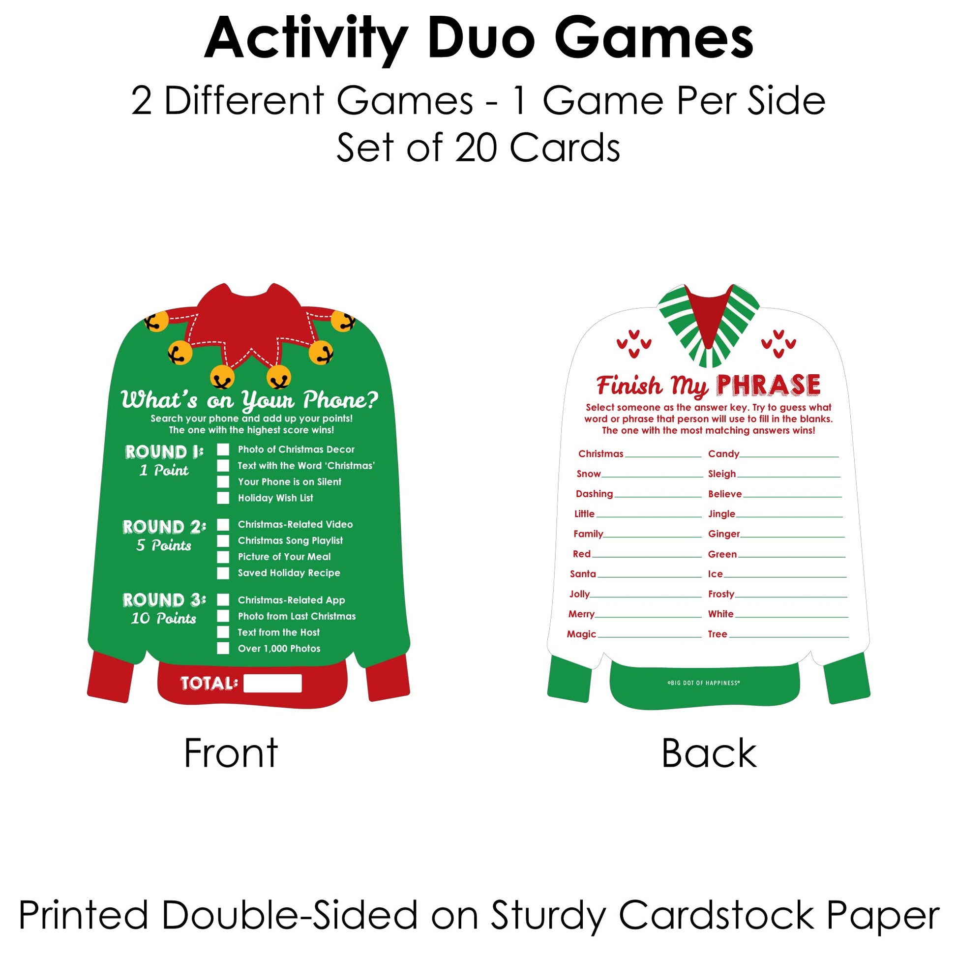 Big Dot of Happiness Ugly Sweater - 2-in-1 Holiday and Christmas Party Cards - Activity Duo Games - Set of 20