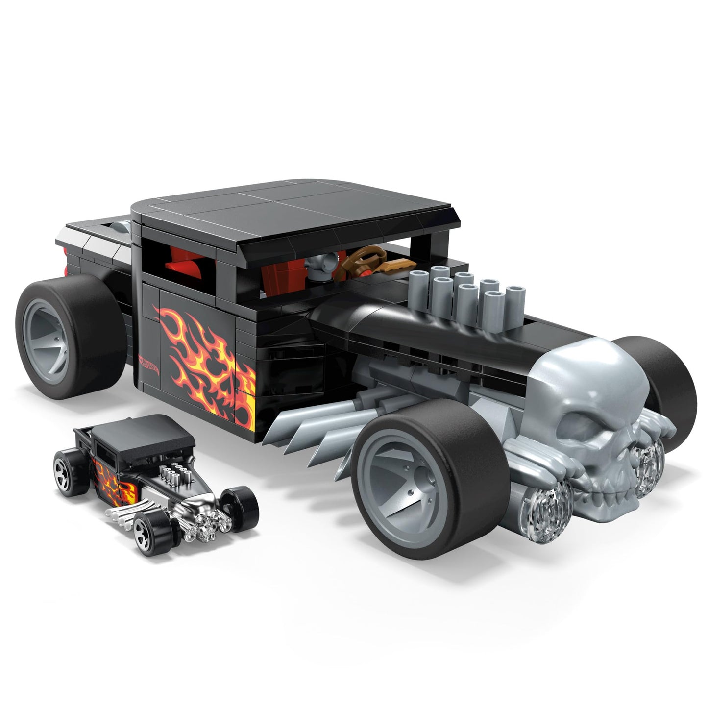 MEGA Hot Wheels Race Car Building Toys Set, Bone Shaker with 334 Pieces and Metal Die-Cast Model, Collector Replica, Black and Chrome, Kids & Adults