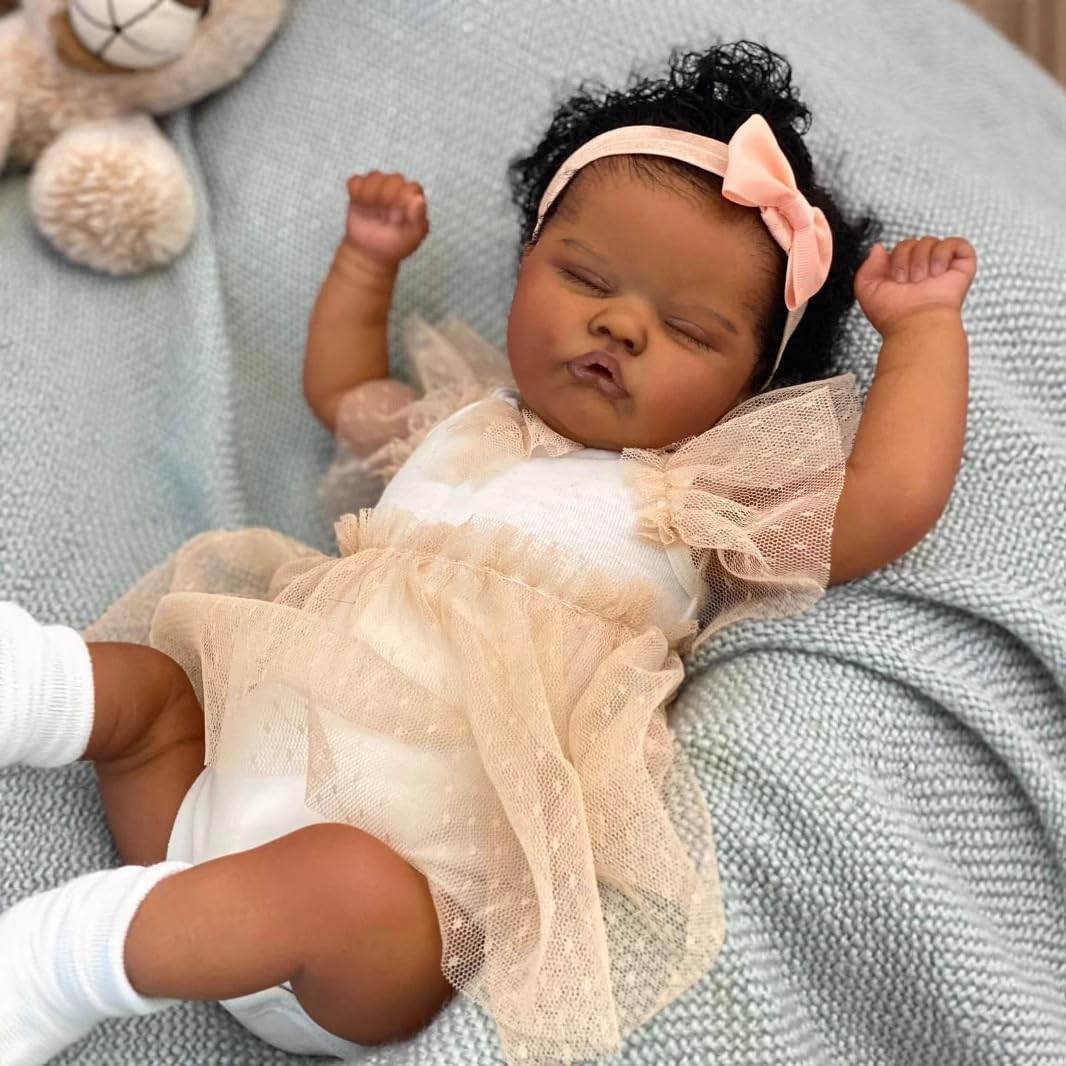 TFJS Lifelike Black Reborn Baby Dolls Sleeping Girl 18 Inch Realistic Looking African American Reborn Newborn Baby Real Life Black Baby Girl Dolls