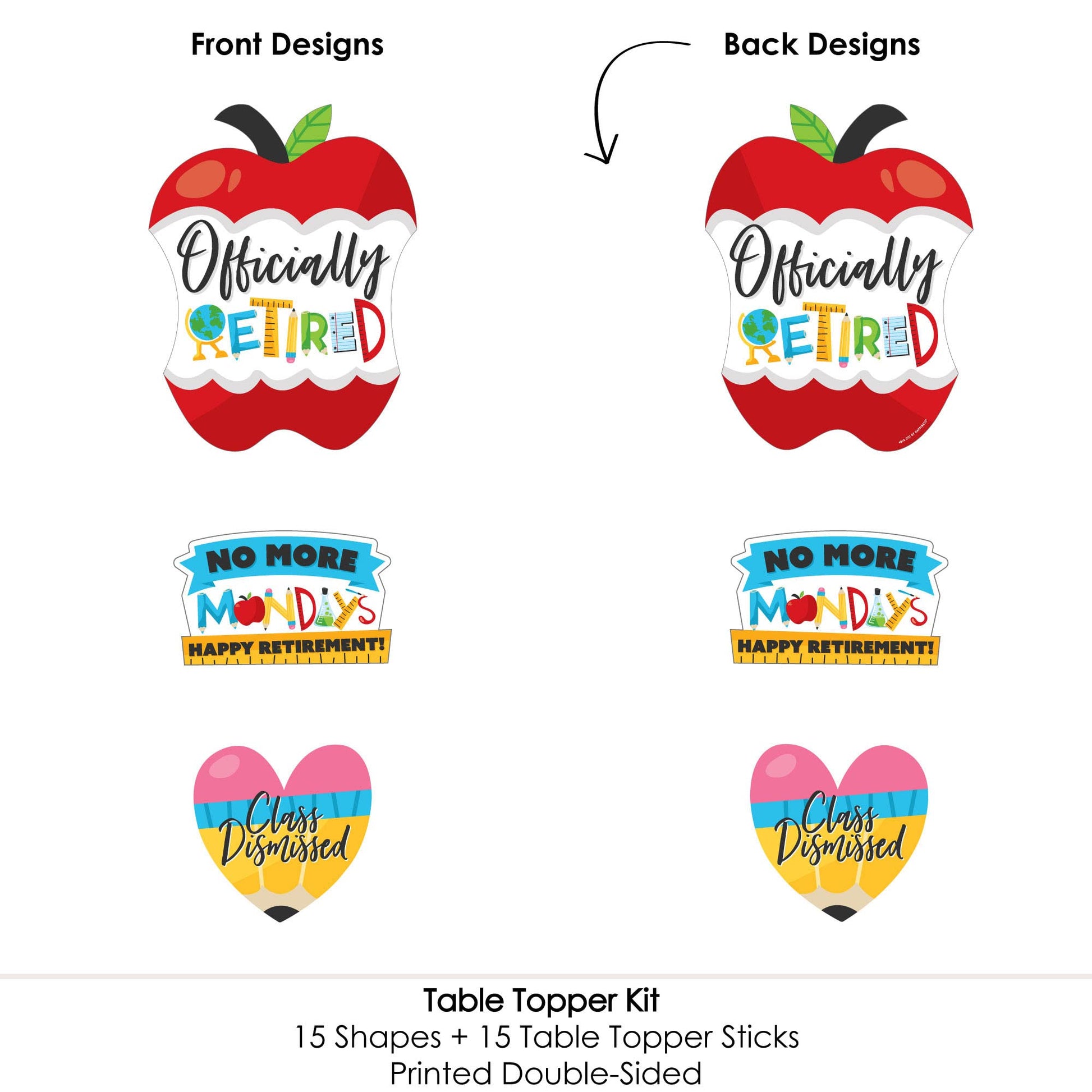 Big Dot of Happiness Teacher Retirement Party Centerpiece Decorations - 15-Piece Table Topper Set with Apple, Heart, No More Mondays Designs