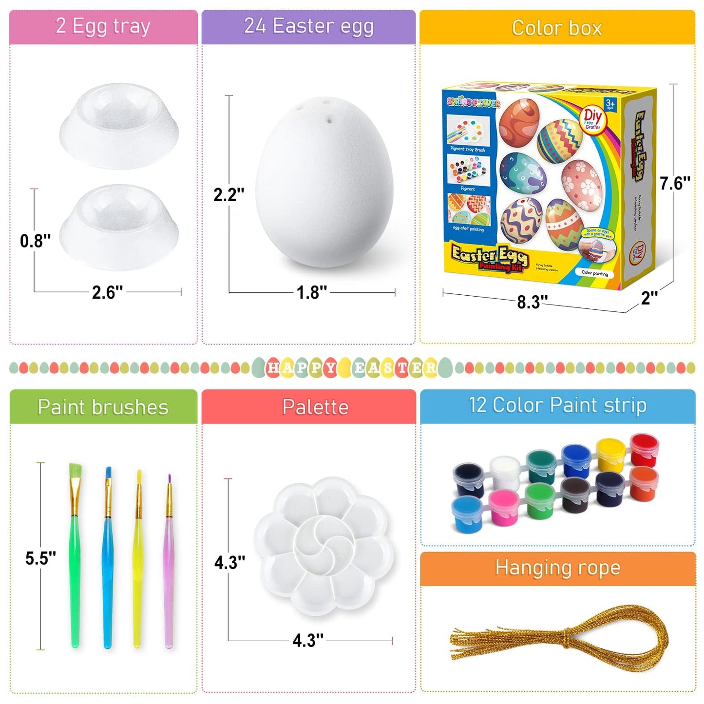 SpringFlower White Easter Eggs Painting Kit-24 Paintable Flocking Eggs with Doodle Kit for DIY Design-Hanging Flocking Eggs with Rope for Easter