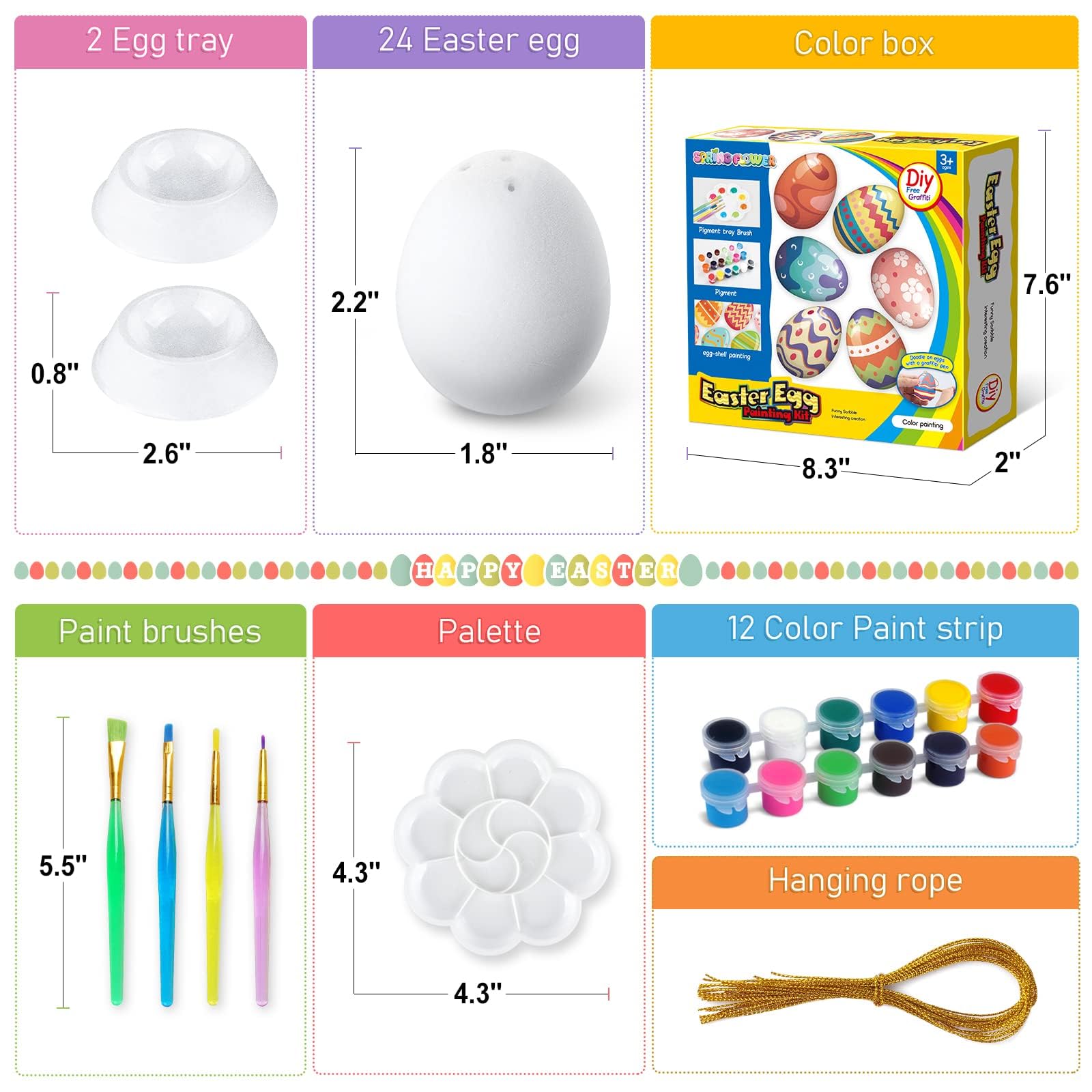 SpringFlower White Easter Eggs Painting Kit-24 Paintable Flocking Eggs with Doodle Kit for DIY Design-Hanging Flocking Eggs with Rope for Easter