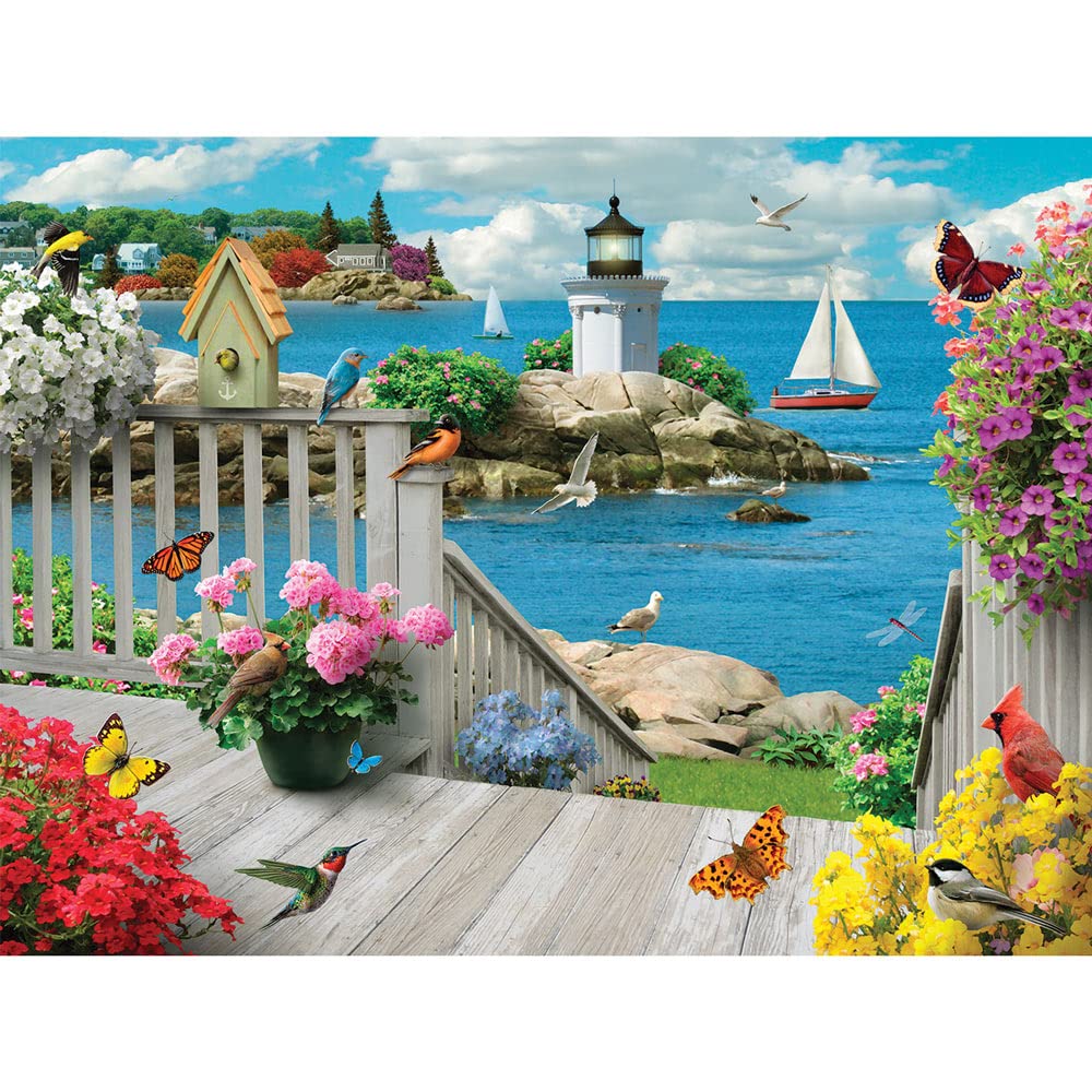 Bits and Pieces - 500 Piece Jigsaw Puzzle for Adults - Seacoast Serenity - Ocean Boat Birds Summer Light House Flower Jigsaw Puzzle by Artist Alan