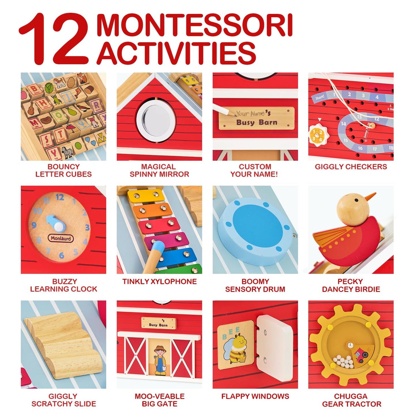 Monläurd® Wooden Activity Cube for Toddlers 1-3, Farm Barn Montessori Busy Board Toy, 12-in-1 Sensory Activity Center for Baby Fine Motor Skills