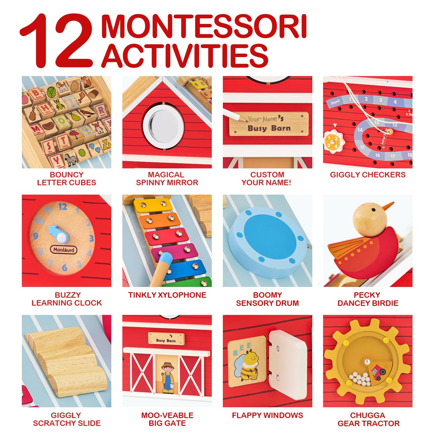 Monläurd® Wooden Activity Cube for Toddlers 1-3, Farm Barn Montessori Busy Board Toy, 12-in-1 Sensory Activity Center for Baby Fine Motor Skills