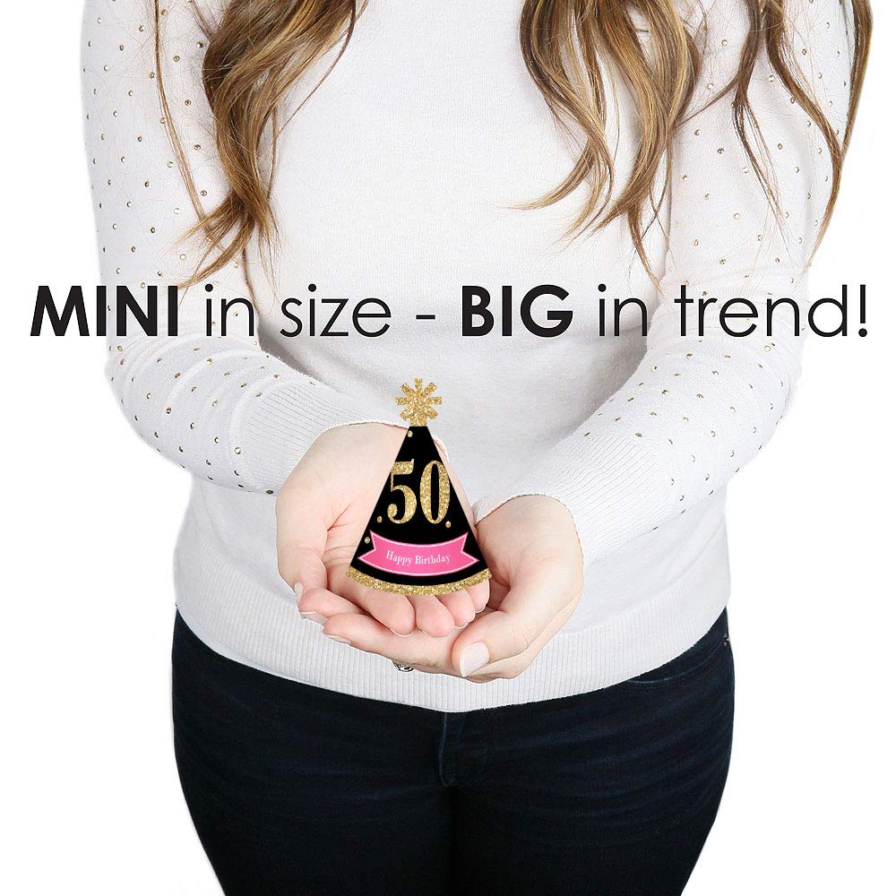 Big Dot of Happiness Chic 50th Birthday - Pink, Black and Gold - Mini Cone Birthday Party Hats - Small Little Party Hats - Set of 8
