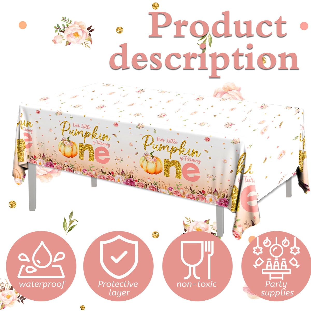 Pumpkin First Birthday Decorations for Girl - 3pcs Little Pumpkin is Turning One Tablecloth, Pumpkin Fall 1st Birthday Table Cover for First Birthday