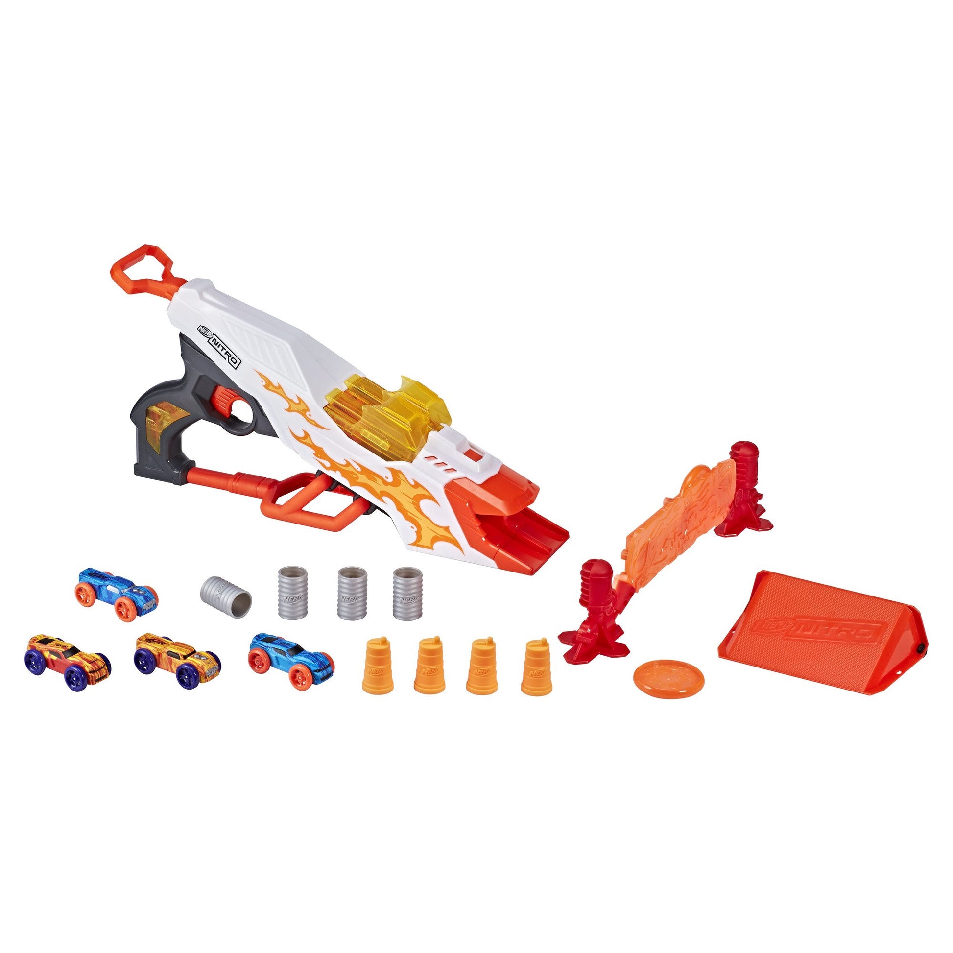 Nerf Doubleclutch Inferno Nitro Toy Includes Blaster, 4 Foam Body Cars, Double Reactive Target, Double Ramp, & 8 Obstacles for Kids 5 Years Old & Up