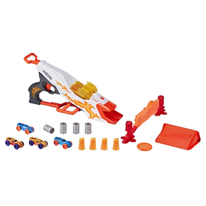 Nerf Doubleclutch Inferno Nitro Toy Includes Blaster, 4 Foam Body Cars, Double Reactive Target, Double Ramp, & 8 Obstacles for Kids 5 Years Old & Up