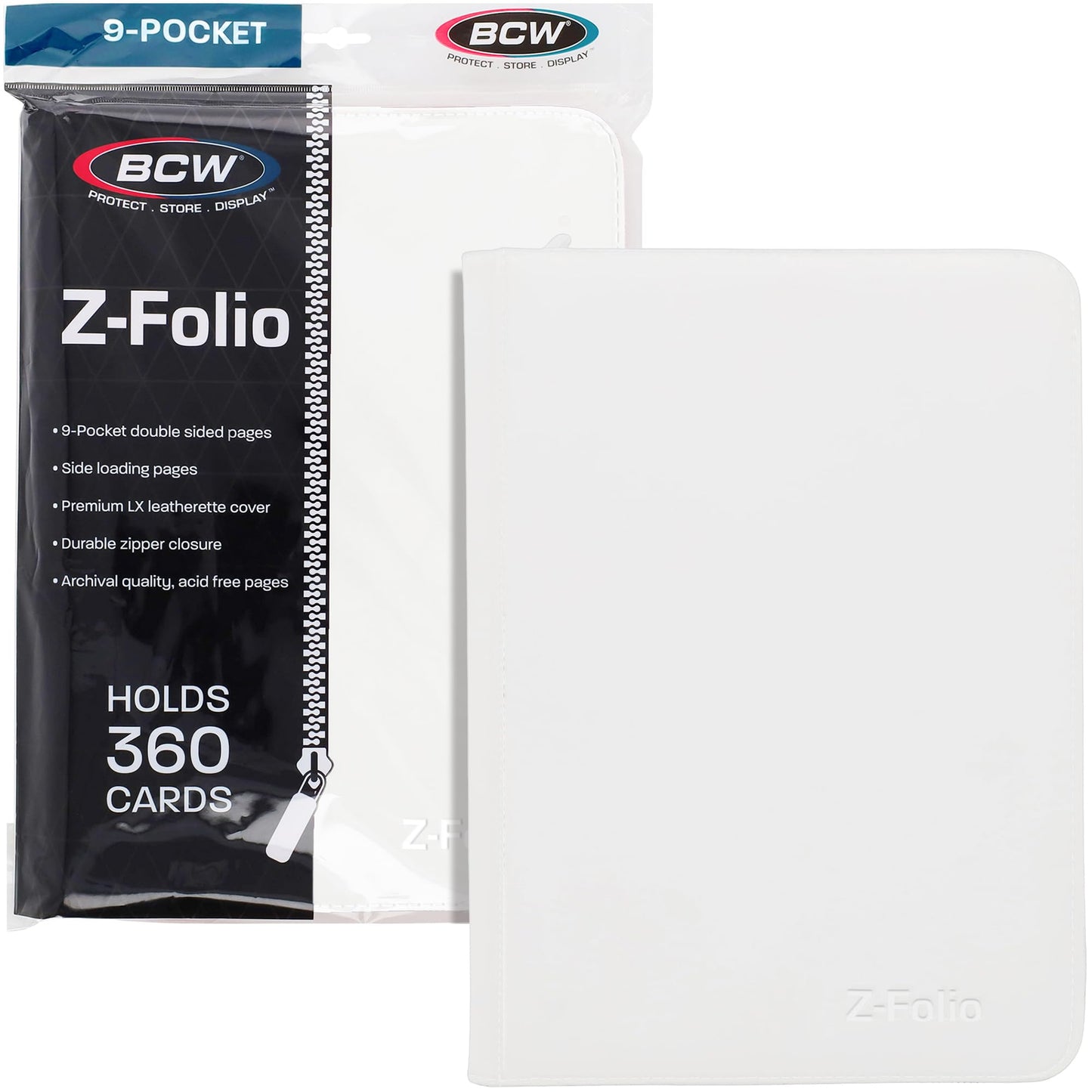 BCW Z-Folio 9-Pocket LX Album - White | Secure Zipper Card Organizer | Premium Leatherette Card Collection Binder | Trading Card Binder for Pokemon