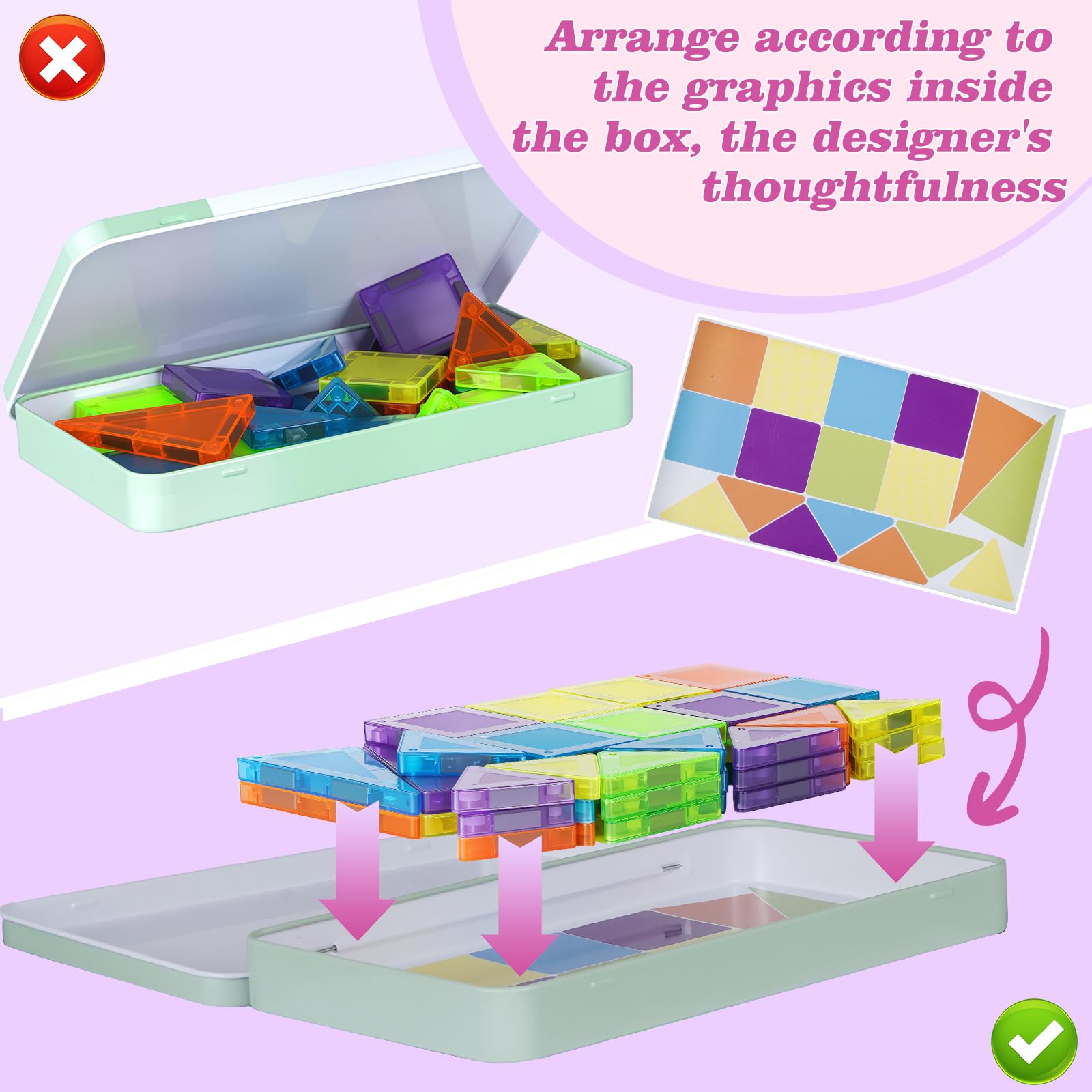 Vrythn Mini Magnetic Tiles Travel Set- 50PCS Travel Toys with Portable Iron Box, Rounded Edges, Colorful STEM Toys for Kids Ages 3+