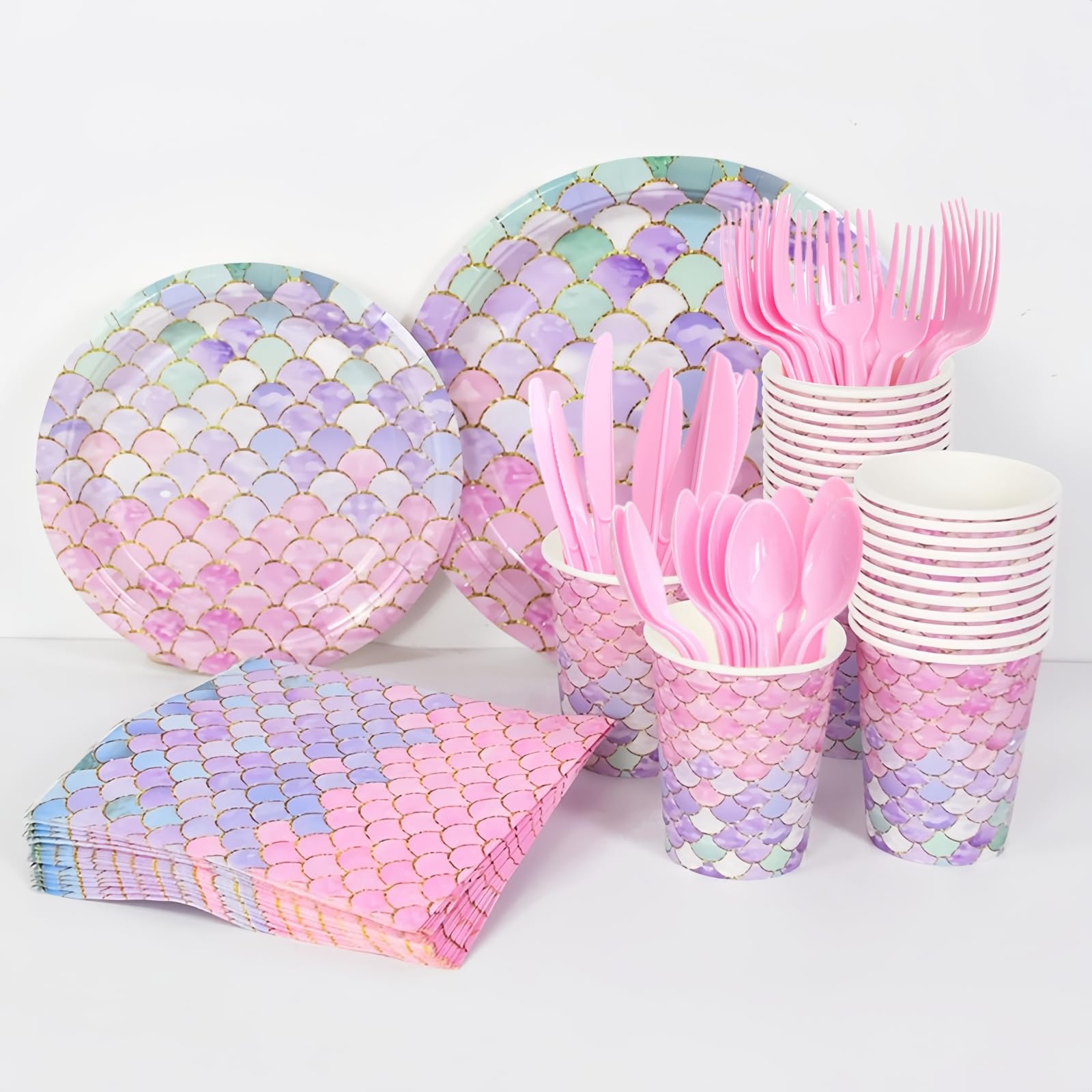 168 Pcs Mermaid Birthday Party Decorations Plates Set for 24 Princess Girls