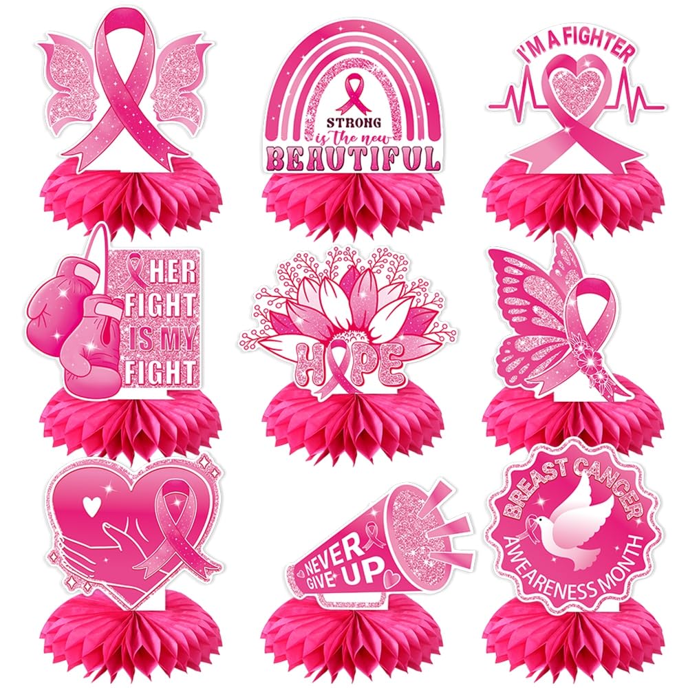 LOONELO 9pcs Breast Cancer Awareness Honeycomb Centerpieces Decorations, Pink Ribbon Centerpiece Table Toppers, Faith Strength Courage Table