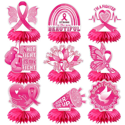 LOONELO 9pcs Breast Cancer Awareness Honeycomb Centerpieces Decorations, Pink Ribbon Centerpiece Table Toppers, Faith Strength Courage Table