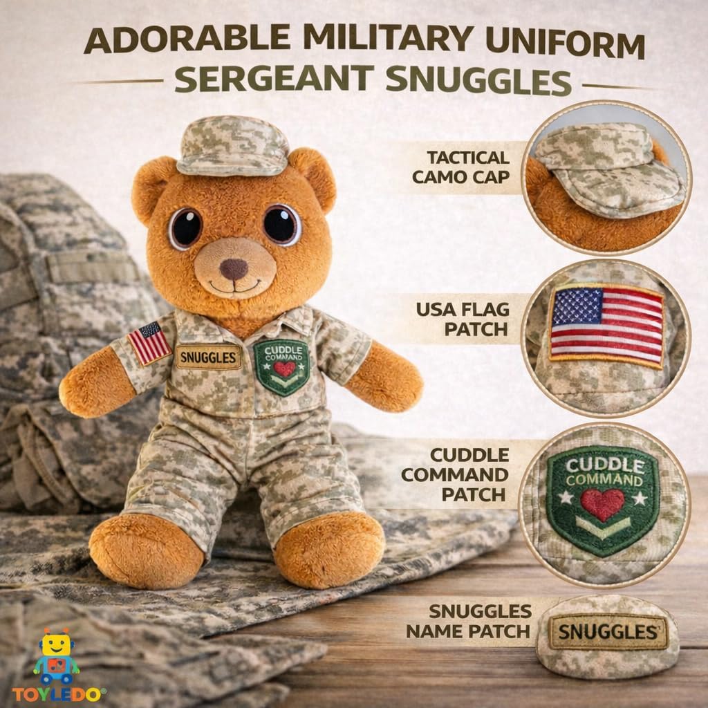 Toyledo Sergeant Snuggles Military Teddy Bear Plush, 10-Inch Soft Stuffed Animal, Camo Uniform Comfort Gift for Kids, Military Families, Veterans